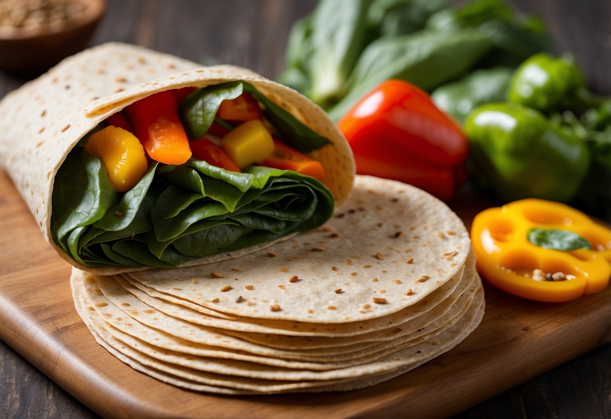 A colorful array of fresh vegetables, including bell peppers, carrots, and spinach, are being carefully wrapped in soft, whole wheat tortillas, with a tantalizing aroma of curry spices filling the air