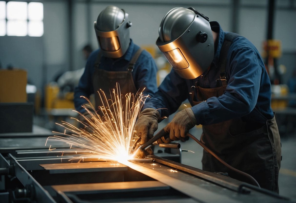 Machines assemble wood and metal components to create modern hospitality furniture. Sparks fly as welding machines join metal frames together. Wood is cut, sanded, and assembled into sleek designs