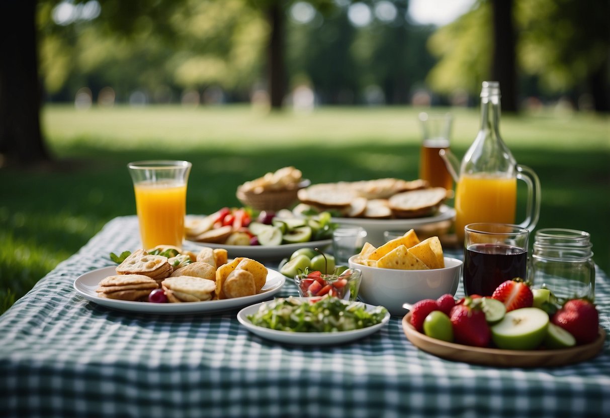 A picnic spread with colorful vegan dishes and a variety of beverages arranged on a checkered blanket in a lush green park setting