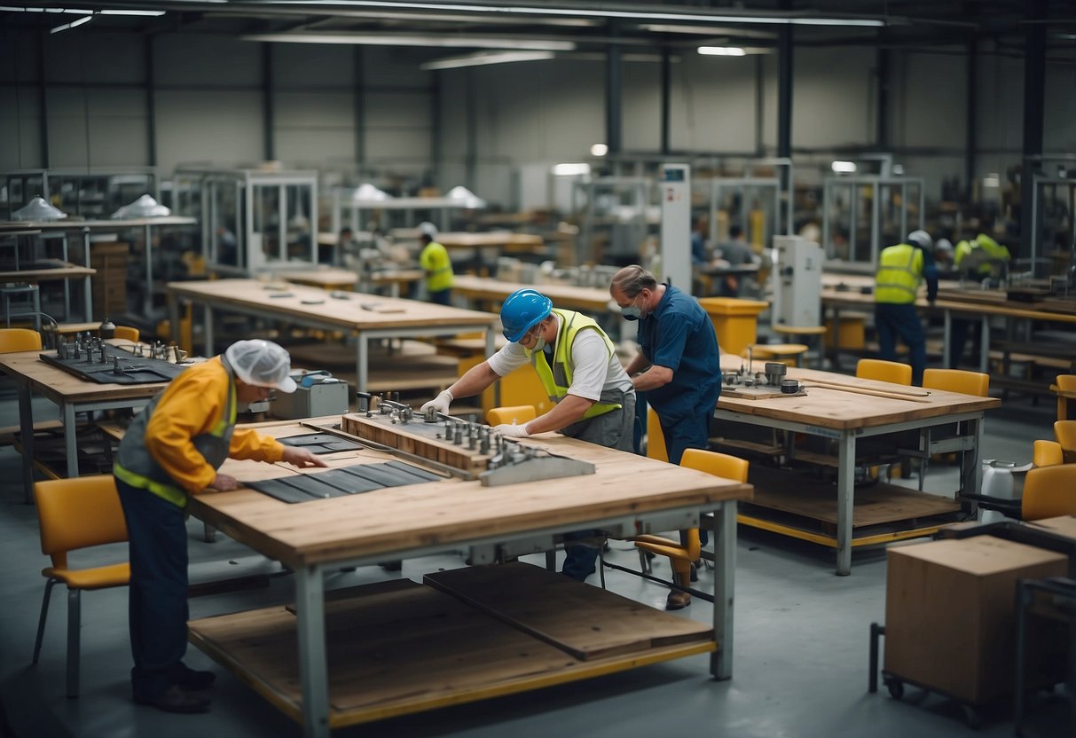 A busy factory floor with workers assembling and inspecting various pieces of modern and stylish hospitality furniture