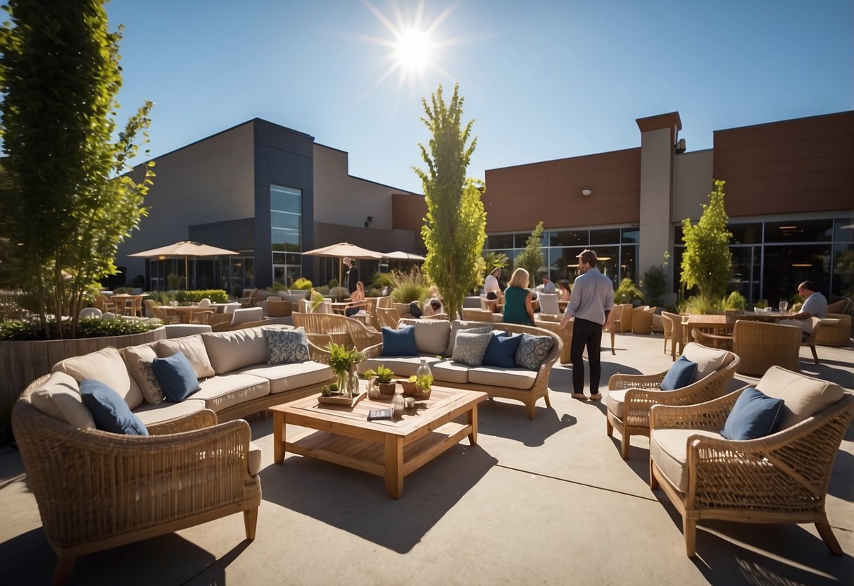 Customers enjoy a sunny day at Ubi Boulevard outdoor furniture store. They relax on comfortable chairs and admire the stylish designs on display. The friendly staff provide helpful assistance, creating a positive shopping experience