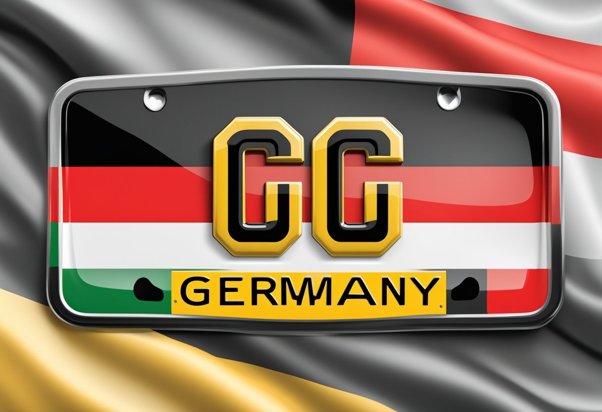 A German license plate with the letters "GG" and the national flag of Germany in the background