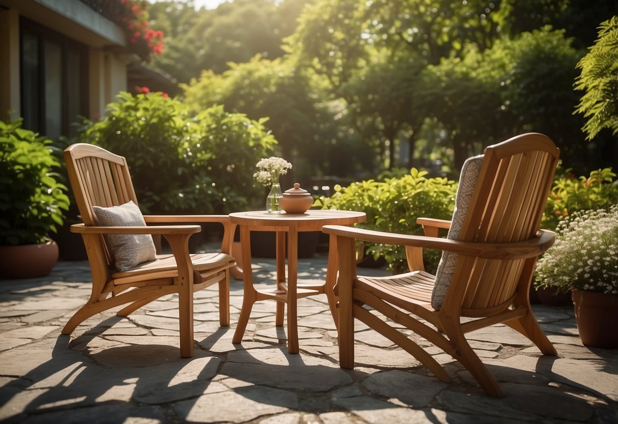 Teak patio furniture arranged on a stone terrace, surrounded by lush greenery and blooming flowers. Sunshine filters through the leaves, casting dappled shadows on the warm wood