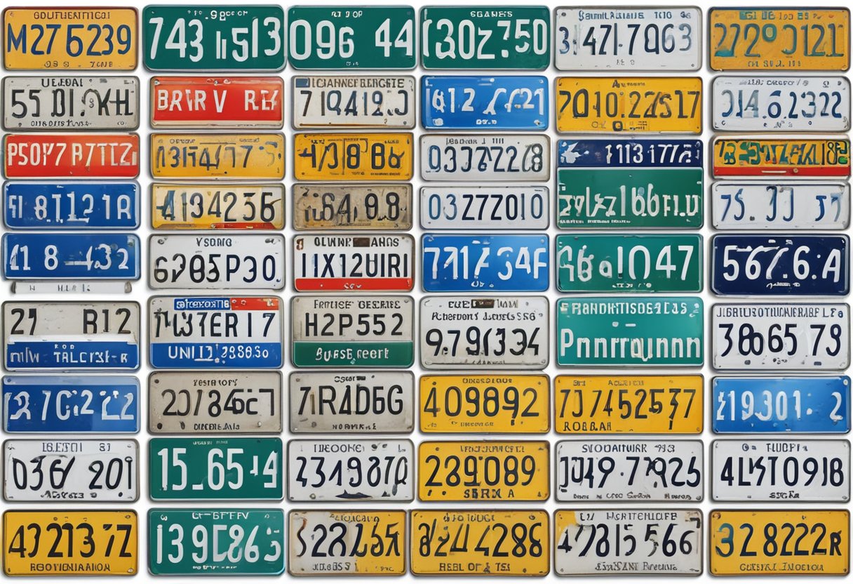 A row of German license plates displayed on a wall, each with unique alphanumeric code