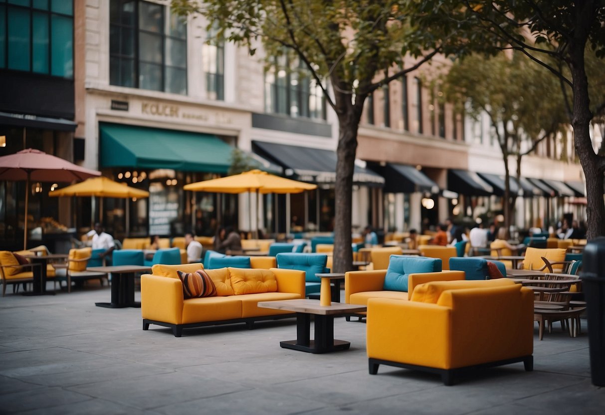 A bustling boulevard with colorful outdoor furniture and a prominent "Frequently Asked Questions" sign