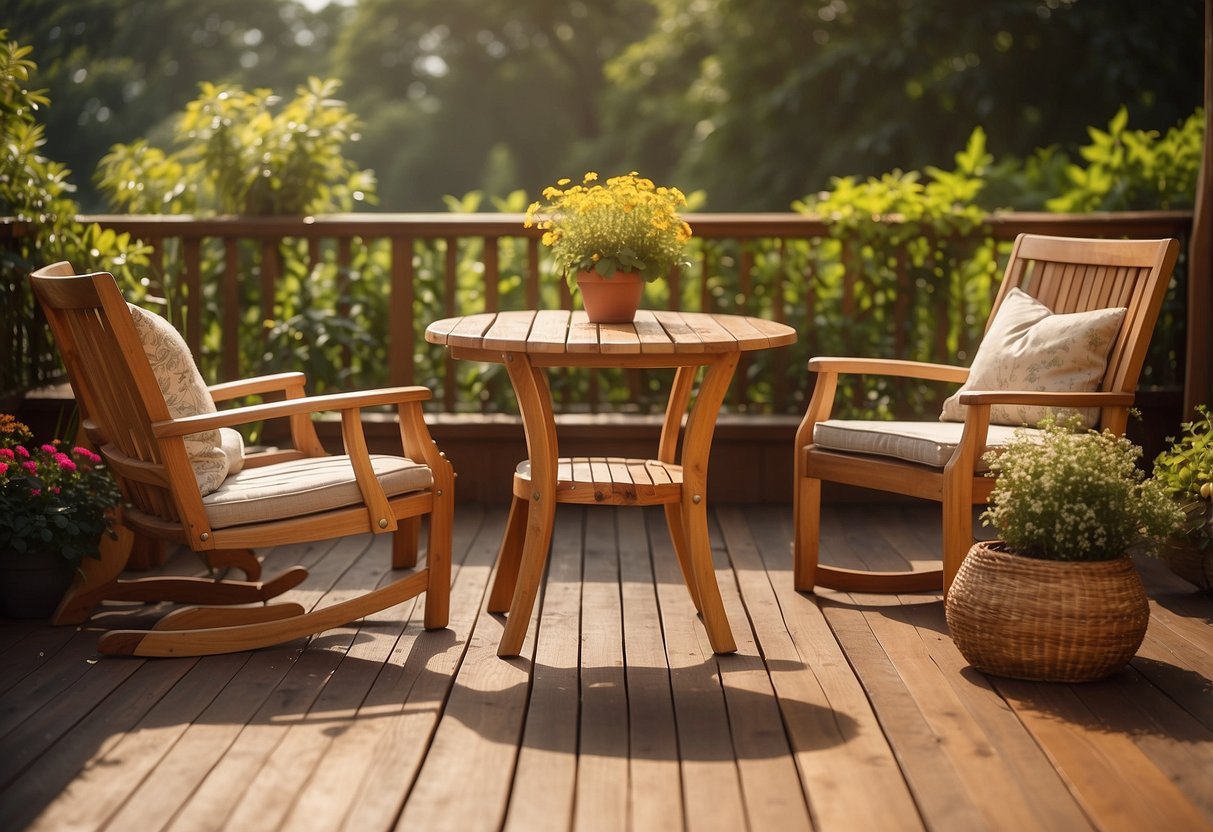 A teak patio furniture set sits on a sunlit deck, surrounded by lush greenery and colorful flowers. The smooth, golden-brown wood gleams in the sunlight, showcasing its timeless beauty