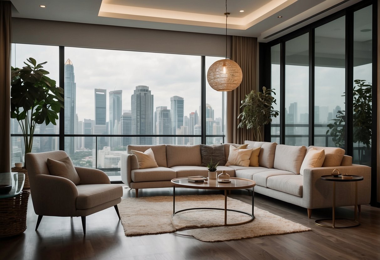 A cozy living room with modern furniture from Homez Singapore, featuring a sleek sofa, coffee table, and stylish decor