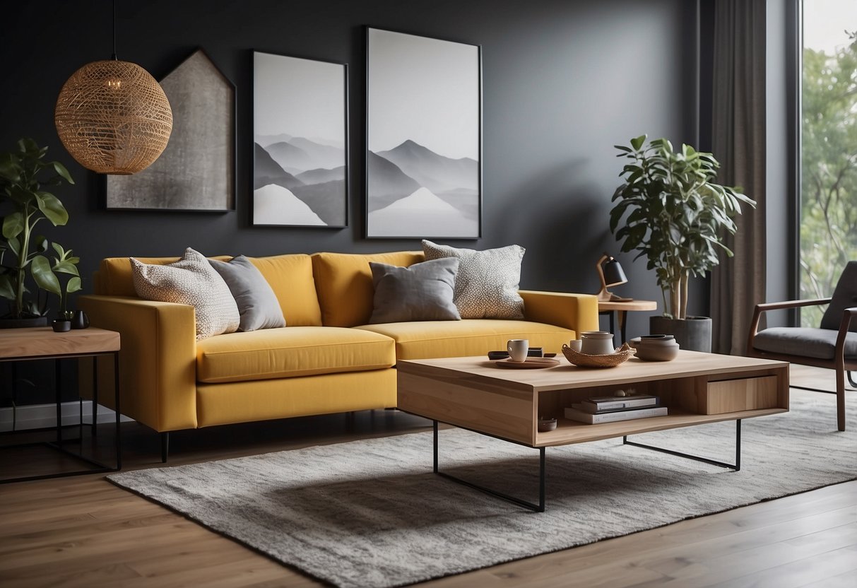 A modern living room with sleek furniture, soft lighting, and vibrant decor