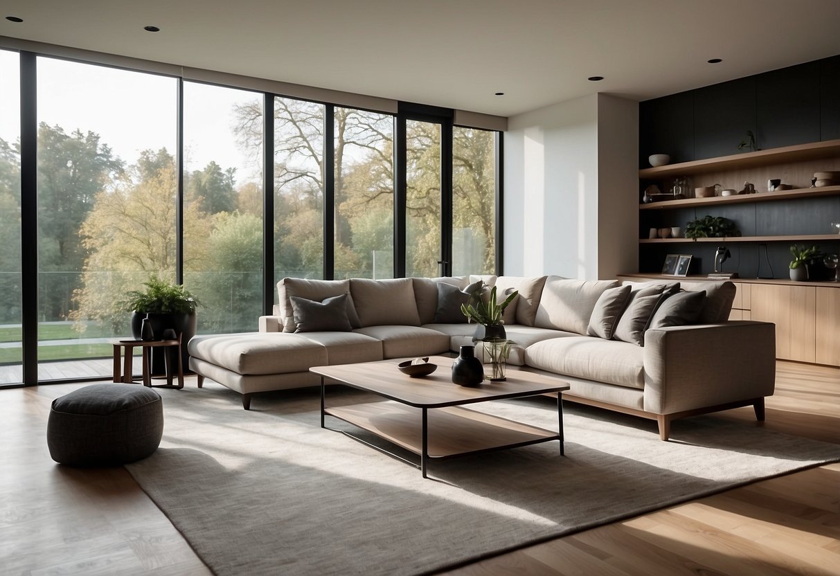 A modern living room with sleek furniture, clean lines, and neutral colors. Large windows let in natural light, highlighting the minimalist design