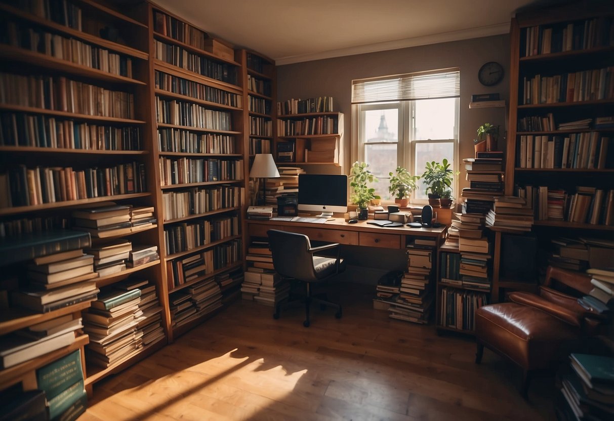 A room with a cluttered desk, a bookshelf overflowing with books, and a comfortable armchair in the corner