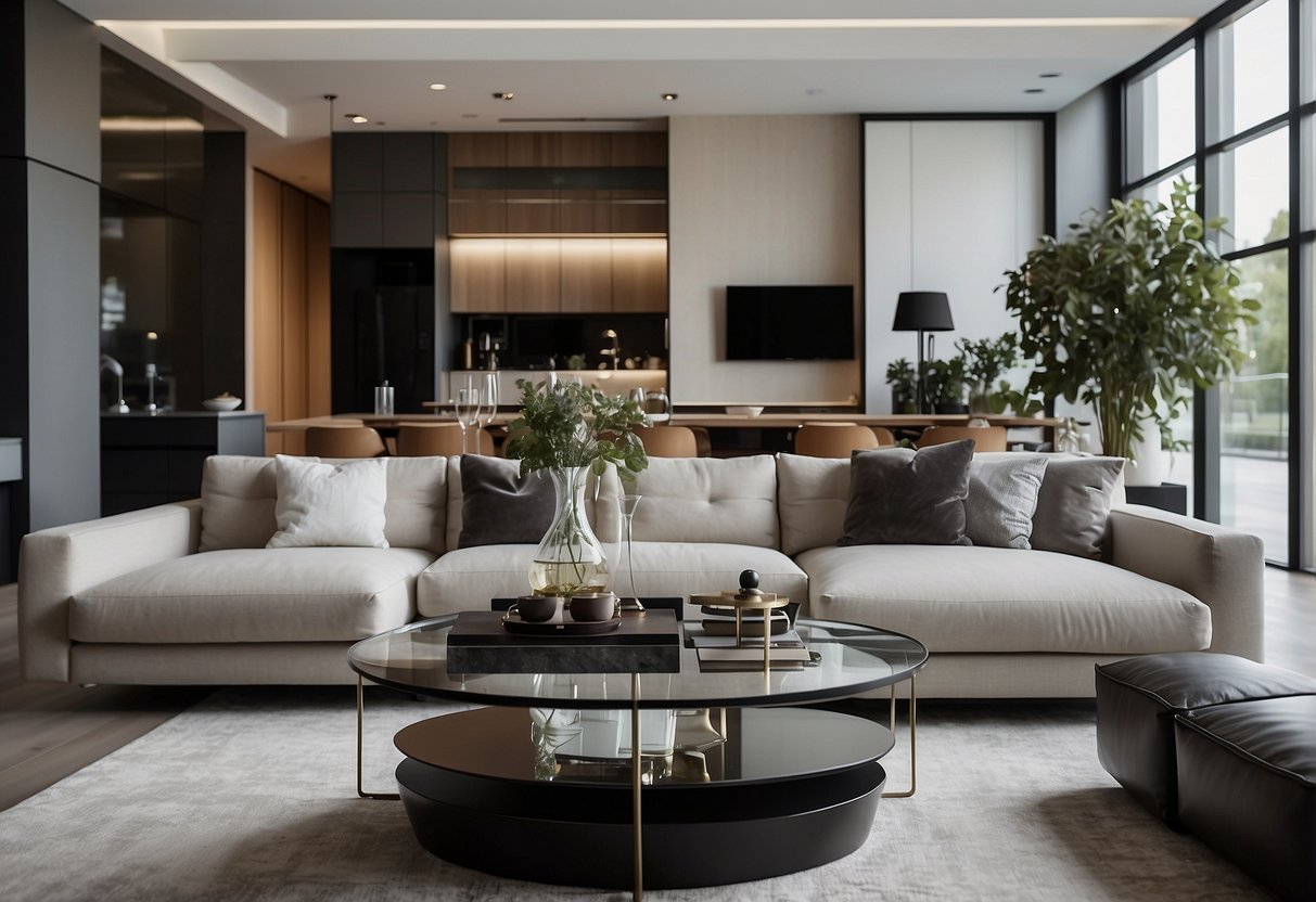 A modern living room with sleek, minimalist furniture and clean lines. Glass and metal accents add a contemporary touch to the urban space