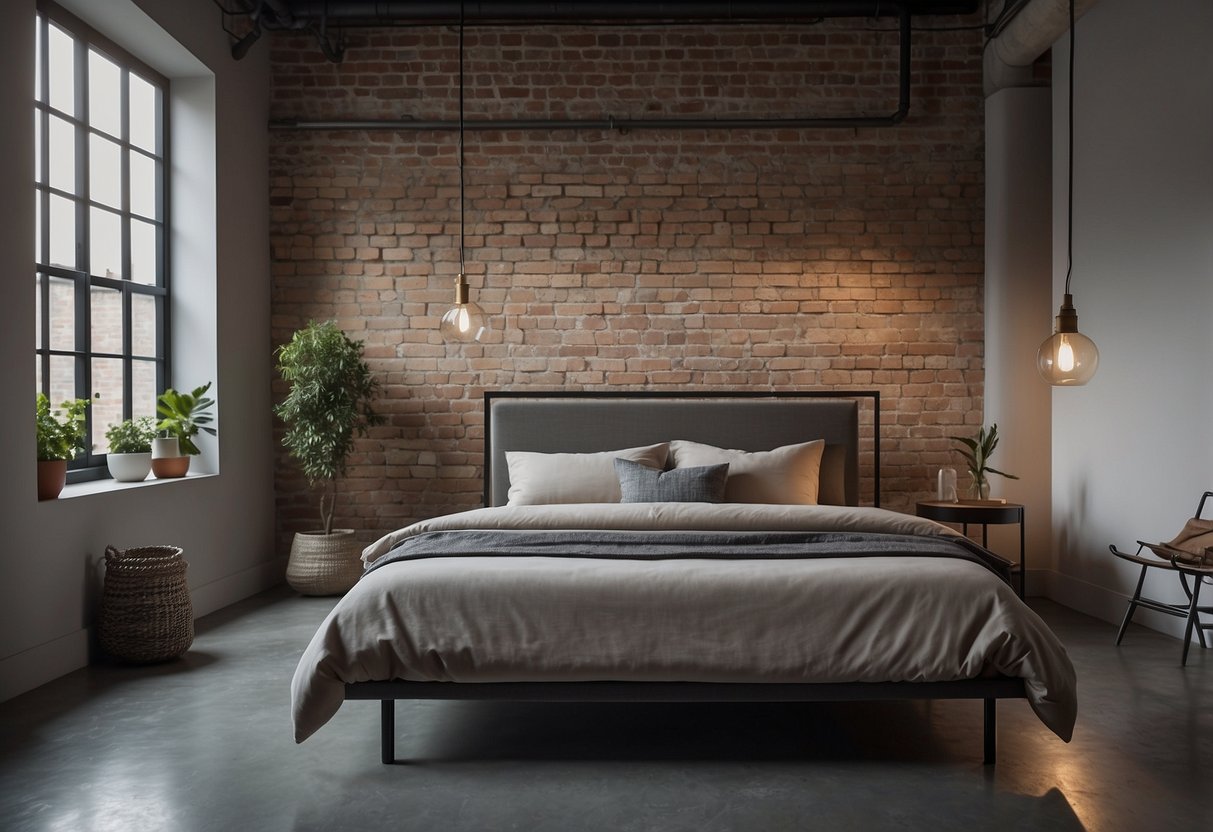 A spacious, minimalist bedroom with exposed brick walls and concrete floors. The focal point is a sleek, metal-framed bed with industrial-style lighting and simple, utilitarian furniture