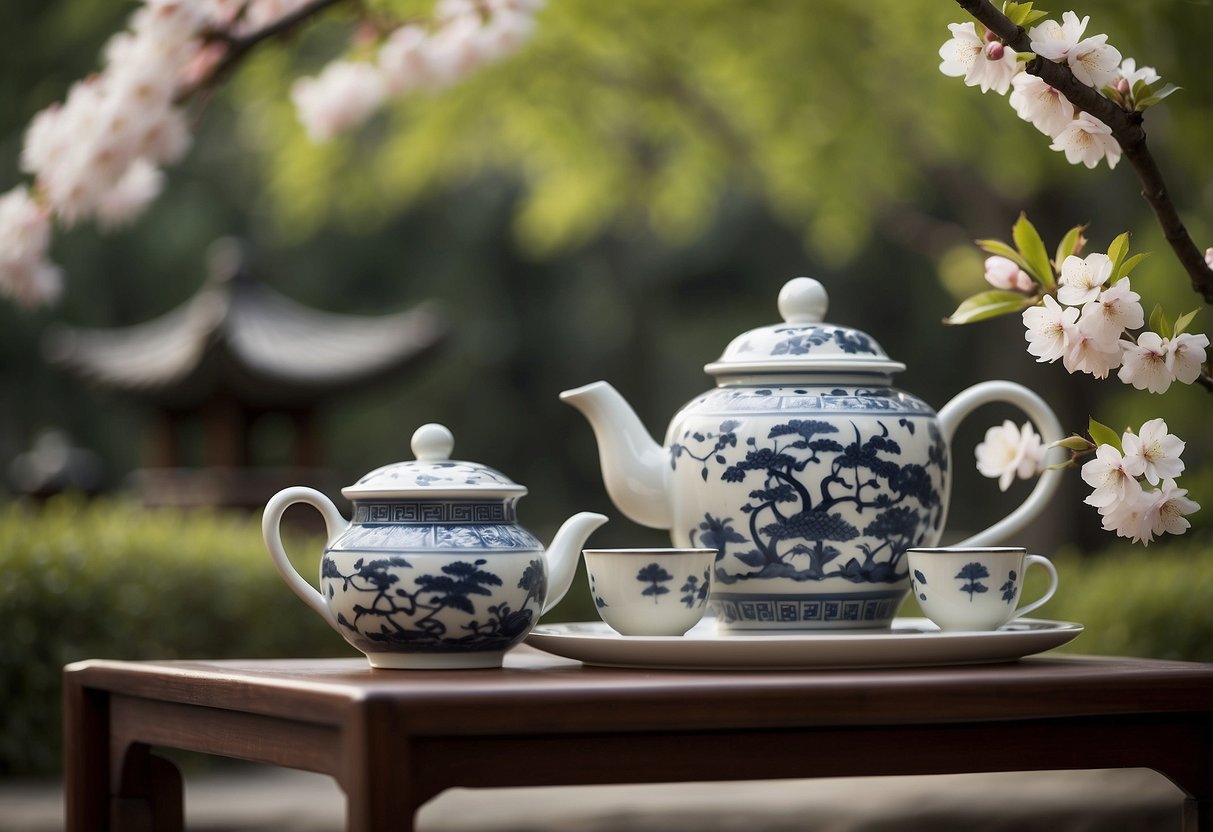 A serene Chinese art furniture set in a tranquil garden with blooming cherry blossoms and a traditional Chinese tea set arranged on the table