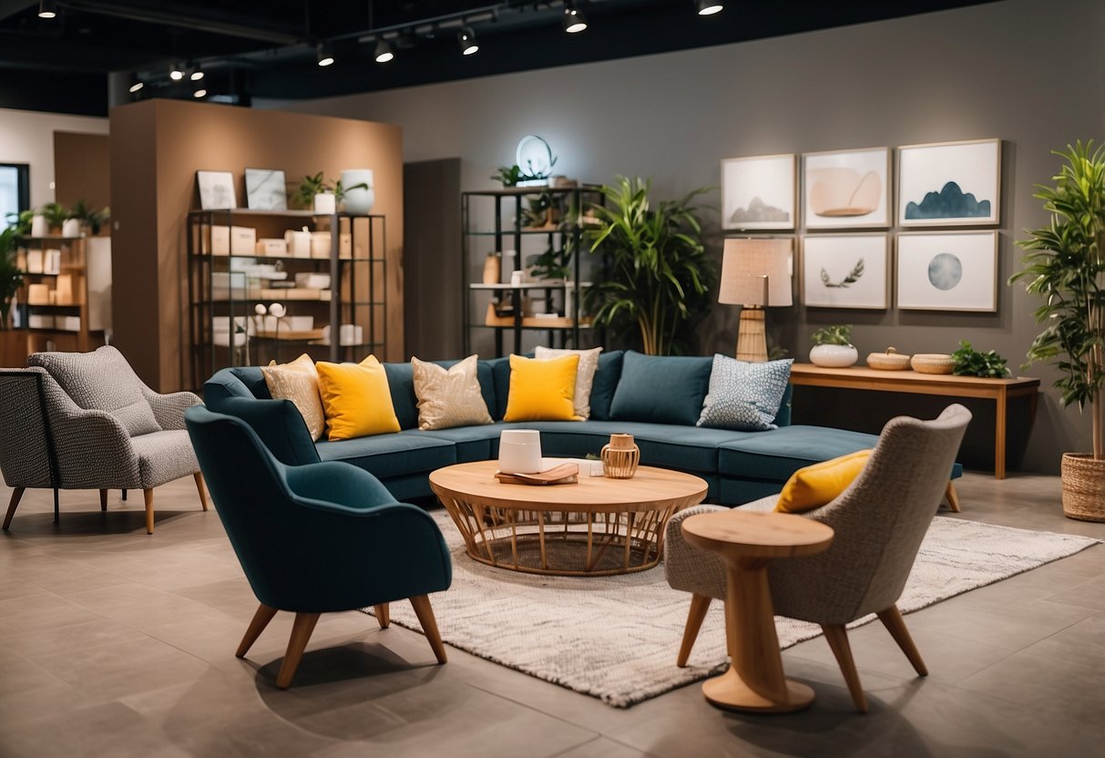 A bright, spacious showroom displays modern furniture. A customer service desk and cozy seating area invite shoppers to browse and relax