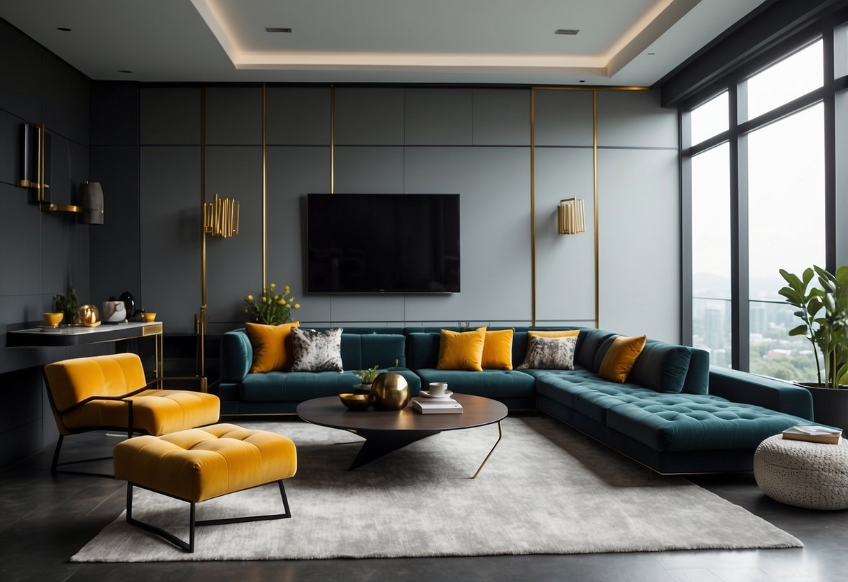 A sleek, modern living room with angular furniture, bold colors, and geometric patterns. Clean lines and metallic accents give the space a futuristic feel