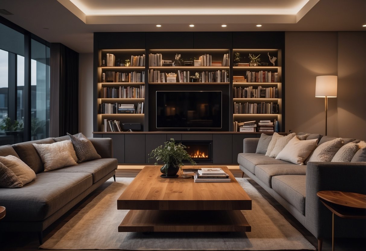 A cozy living room with modern furniture, warm lighting, and a sleek design. A bookshelf filled with books, a comfortable sofa, and a stylish coffee table complete the scene