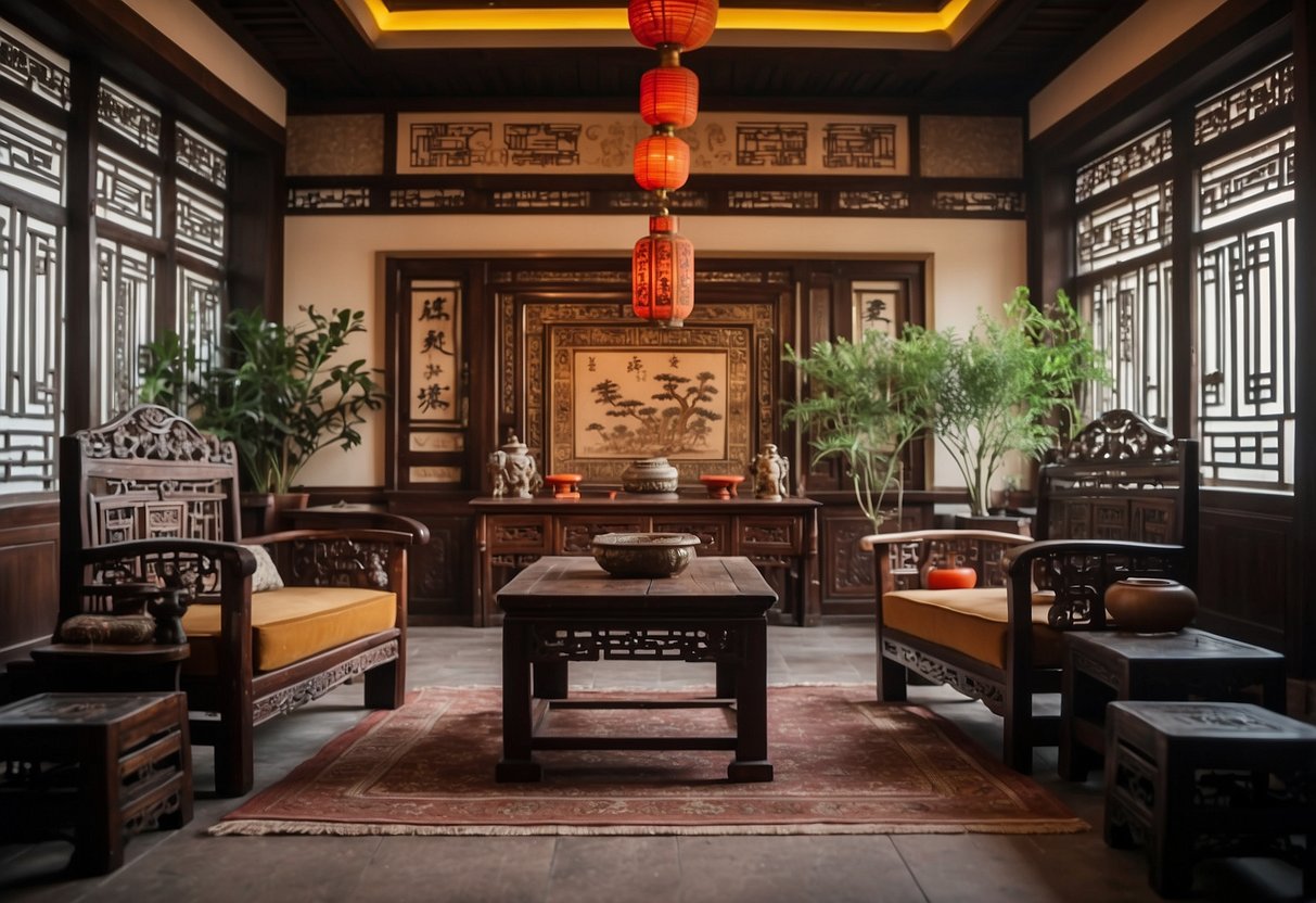 An ancient Chinese room with traditional furniture, including intricately carved chairs and tables, adorned with ornate designs and symbolic motifs