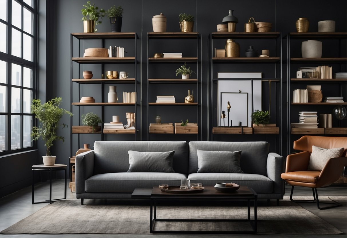A sleek, modern sofa sits against a backdrop of industrial-chic shelving, adorned with minimalist decor. The room is bathed in natural light, highlighting the clean lines and sophisticated design of the urban contemporary furniture