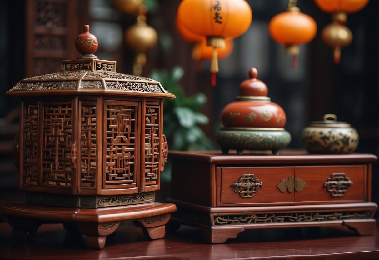 A traditional Chinese art furniture set with intricate design elements and materials like lacquer, jade, and wood