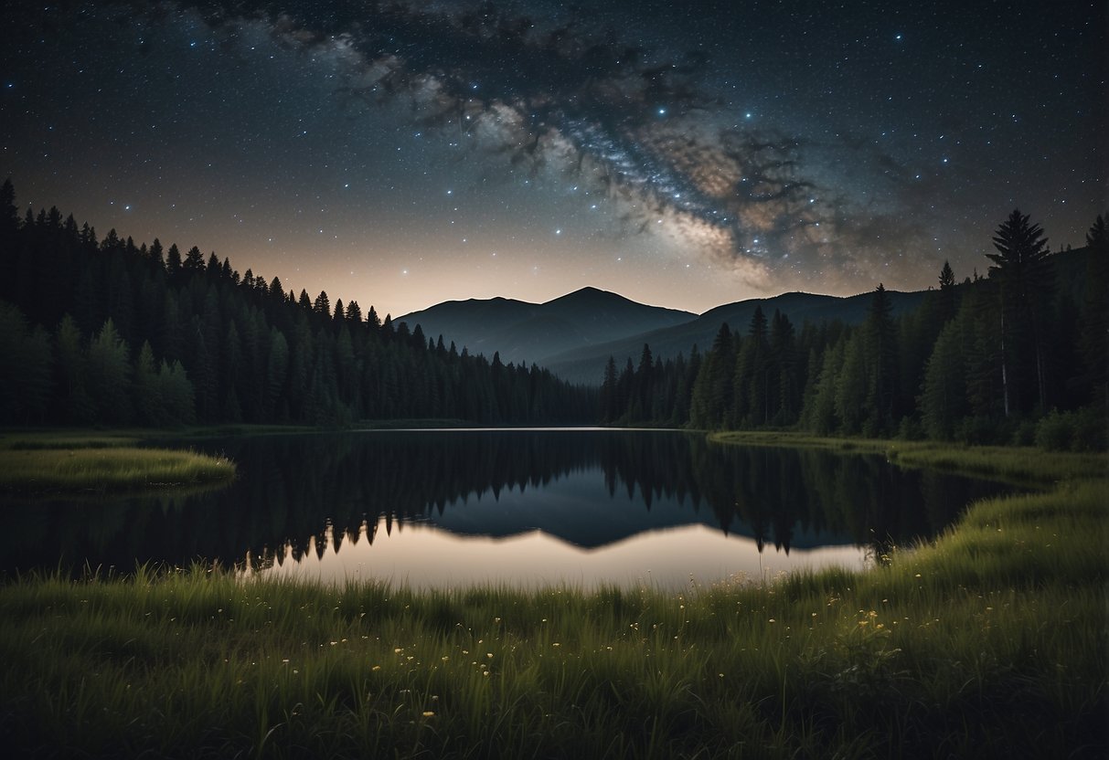 A peaceful meadow under a clear night sky, surrounded by tall trees and a calm lake reflecting the stars above