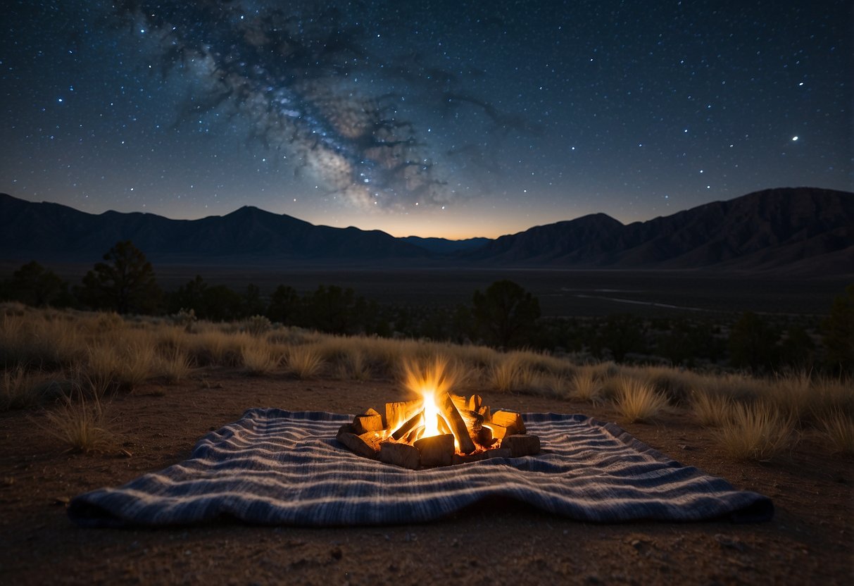 A clear night sky over Great Basin National Park, Nevada. Picnic blankets spread out on the grass, surrounded by towering mountains and the twinkling stars above