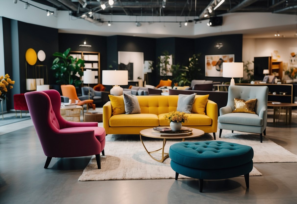 A modern, bustling furniture store with sleek designs and vibrant colors, showcasing a variety of contemporary pieces