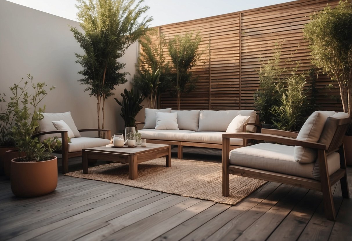 A sleek, minimalistic patio set sits on a spacious deck, surrounded by potted plants and soft lighting. The furniture is contemporary and inviting, with clean lines and neutral tones