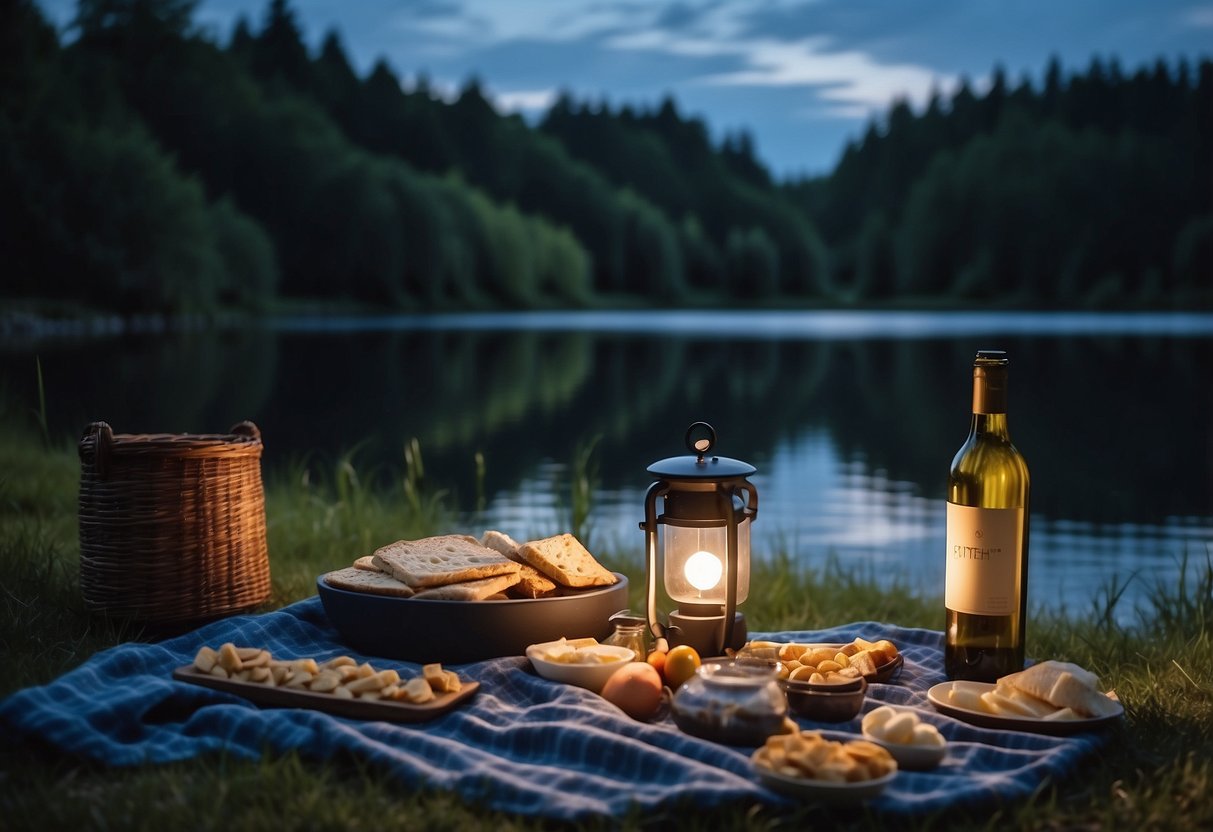 A cozy picnic blanket under a starry night sky, surrounded by lush greenery and a tranquil lake. A telescope is set up for stargazing, with a basket of delicious snacks and a bottle of wine nearby