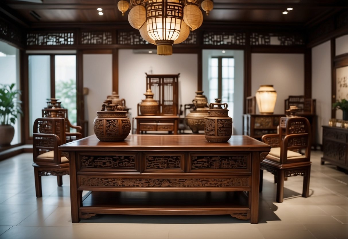 A traditional Chinese furniture set displayed in an art gallery, with intricate carvings and elegant designs. The pieces are arranged in a spacious, well-lit room, inviting viewers to admire their craftsmanship