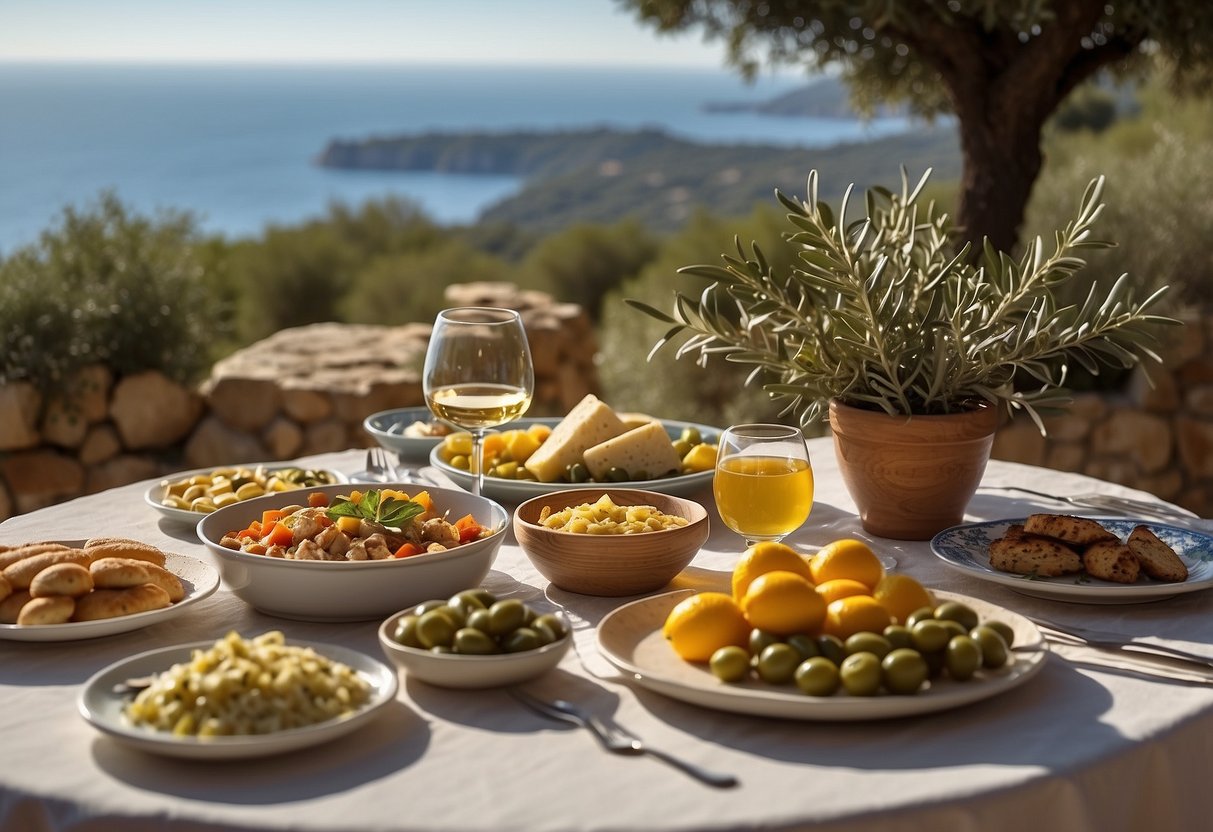 A table set with colorful Mediterranean dishes, surrounded by olive trees and a view of the sea. Sunlight filters through the branches, casting dappled shadows on the food