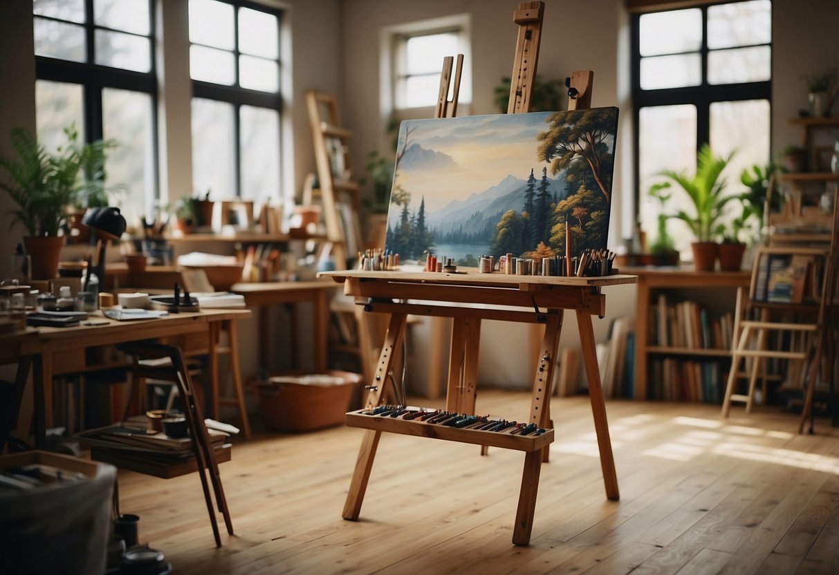 A cluttered art studio with a large wooden easel, a comfortable chair, a spacious work table, and shelves filled with art supplies and finished pieces