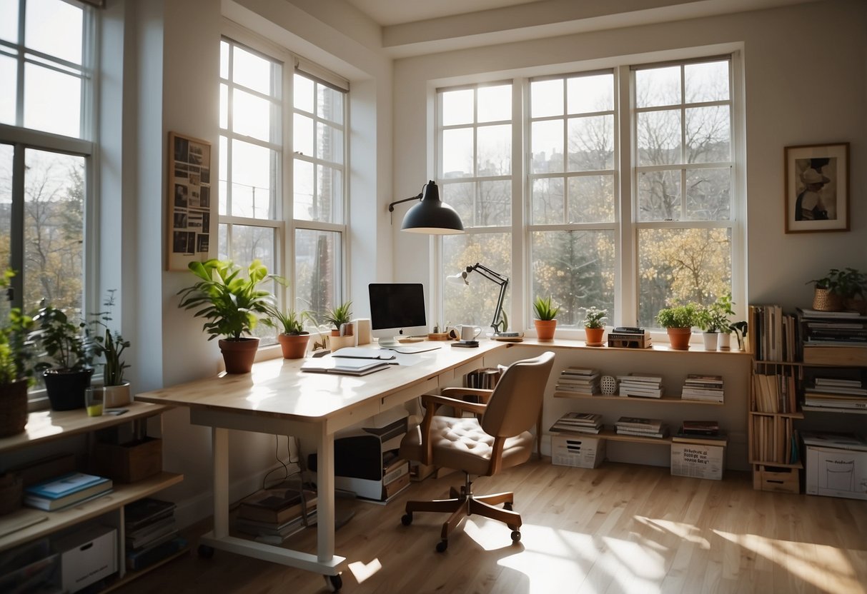 A spacious room with large windows, filled with natural light. A sturdy drafting table, comfortable chair, and ample storage for art supplies. Bright, inspiring decor and a cozy reading nook complete the space