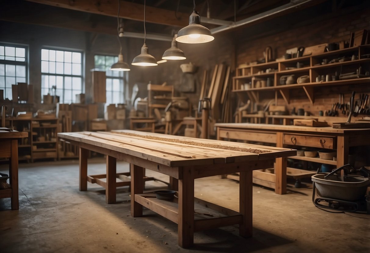 An empty workshop with raw wood pieces, sawdust, and tools scattered around, awaiting the touch of a craftsman