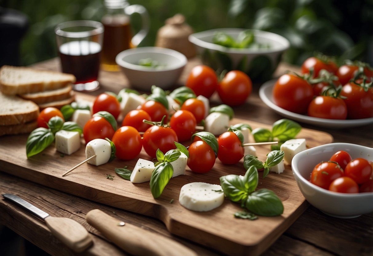 A picnic spread with Caprese skewers, fresh tomatoes, mozzarella, and basil on a wooden board, surrounded by Mediterranean-inspired dishes