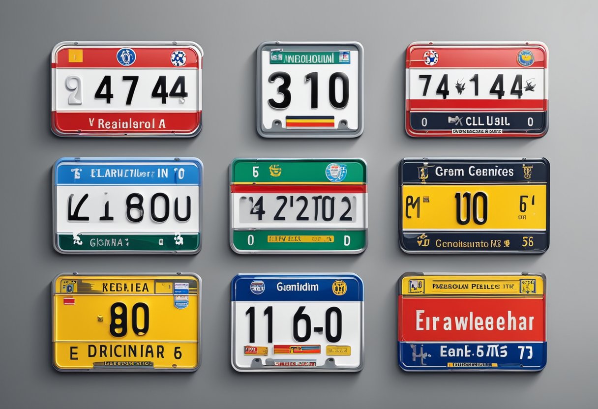 A row of German regional car license plates displayed on a wall