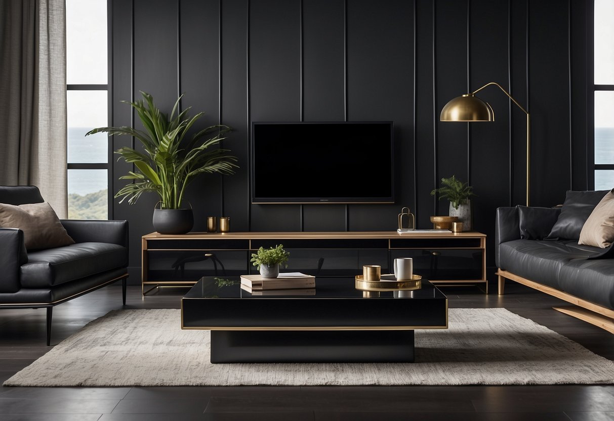 A modern living room with a sleek black leather sofa, a glass coffee table, and a minimalist wooden entertainment center showcasing the latest Kawah furniture collection