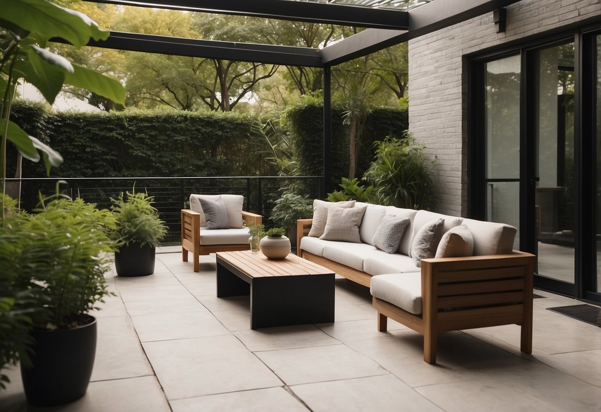 A spacious outdoor patio with modern furniture, including a sleek table and chairs, surrounded by lush greenery and bathed in natural light