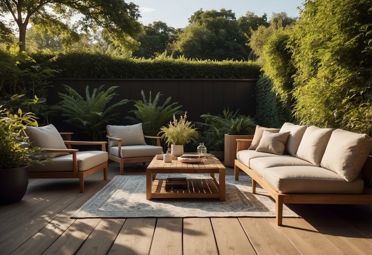 A sleek, minimalist patio set sits on a spacious deck, surrounded by lush greenery. The sun casts a warm glow on the stylish furniture, creating an inviting atmosphere for outdoor relaxation