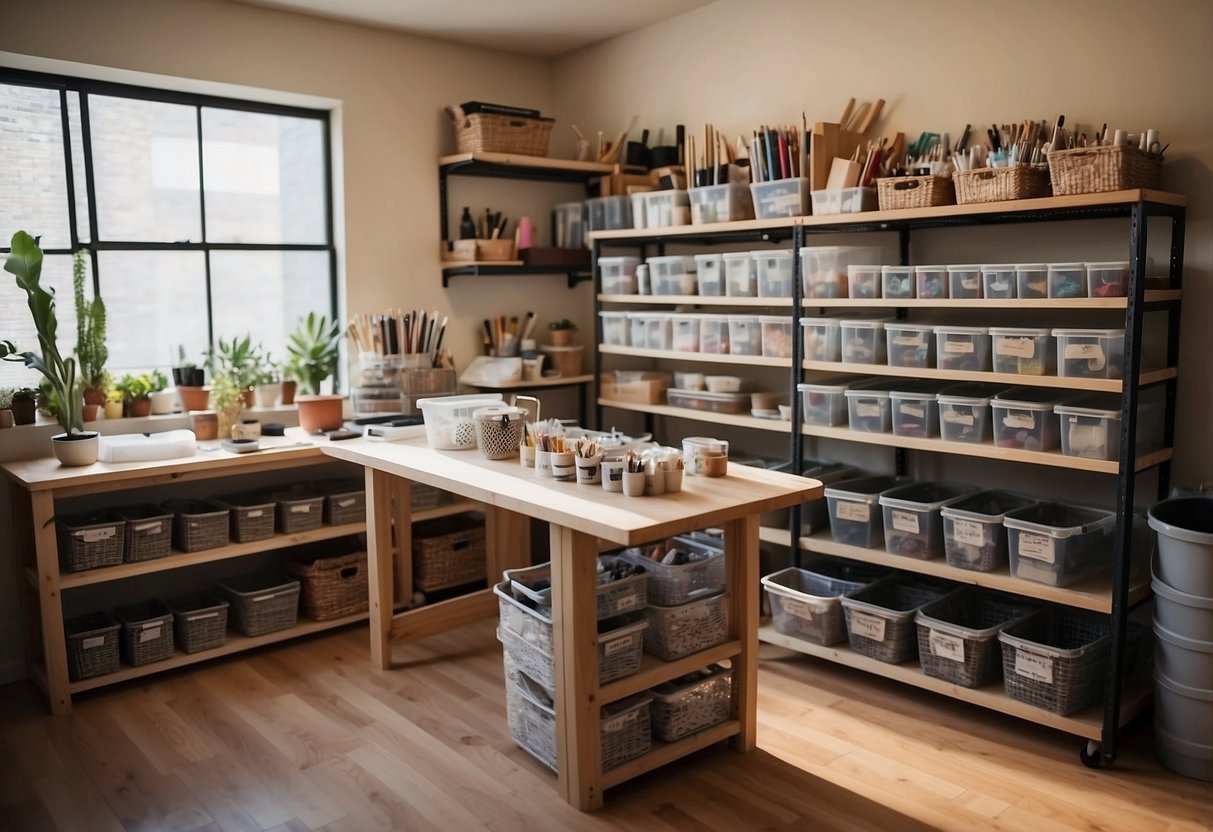 A bright, organized art studio with labeled storage bins, shelves, and a spacious work table. Various art supplies neatly arranged and easily accessible
