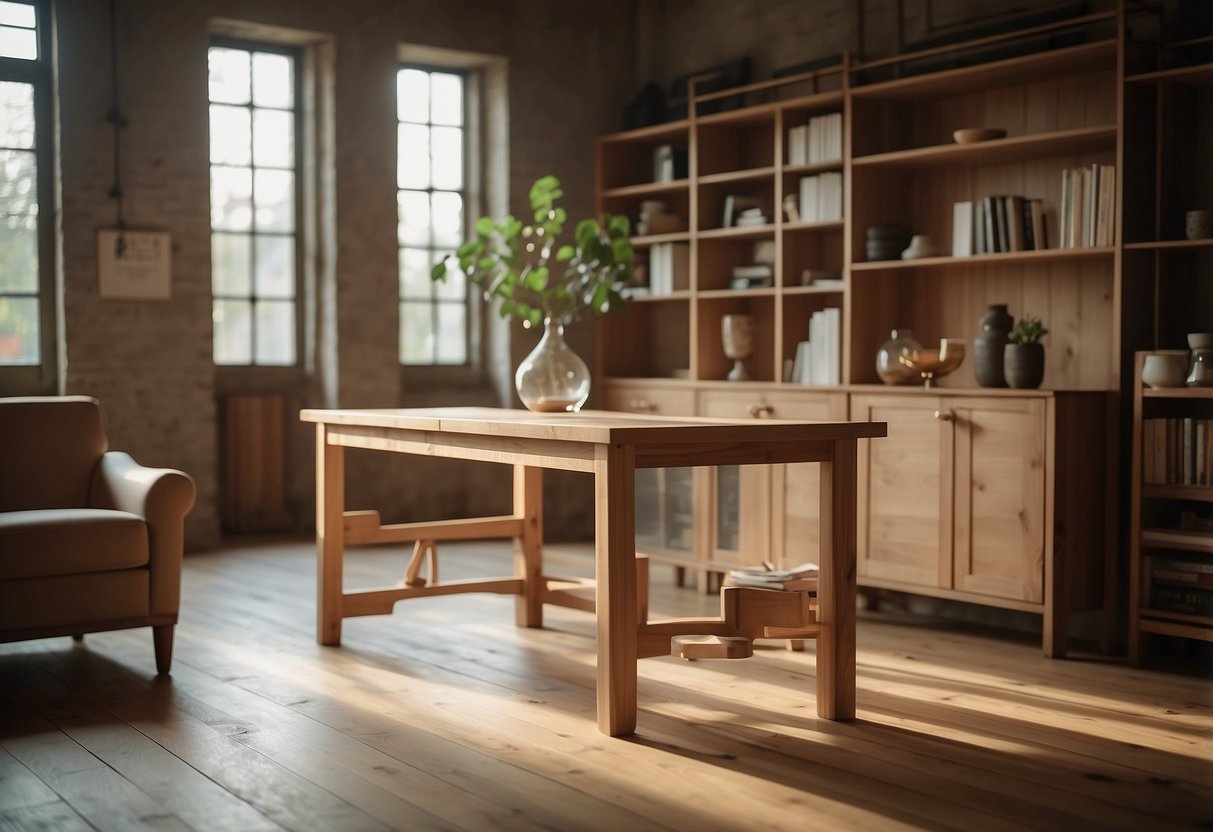 A room with unfinished furniture, showcasing the natural wood grain and potential for customization. Light streams in, highlighting the beauty of the raw materials