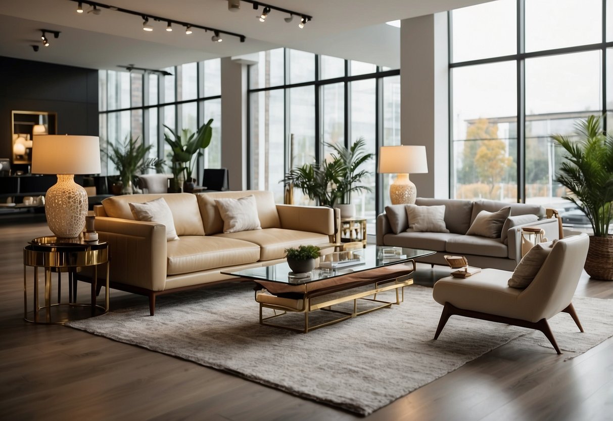 A spacious showroom displaying modern and elegant furniture pieces in various styles and colors. Bright lighting and clean, minimalist decor create a welcoming atmosphere