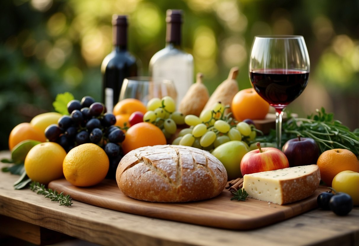 A table covered with a colorful array of fresh fruits, vegetables, cheeses, olives, and bread. A basket filled with wine, herbs, and spices sits nearby