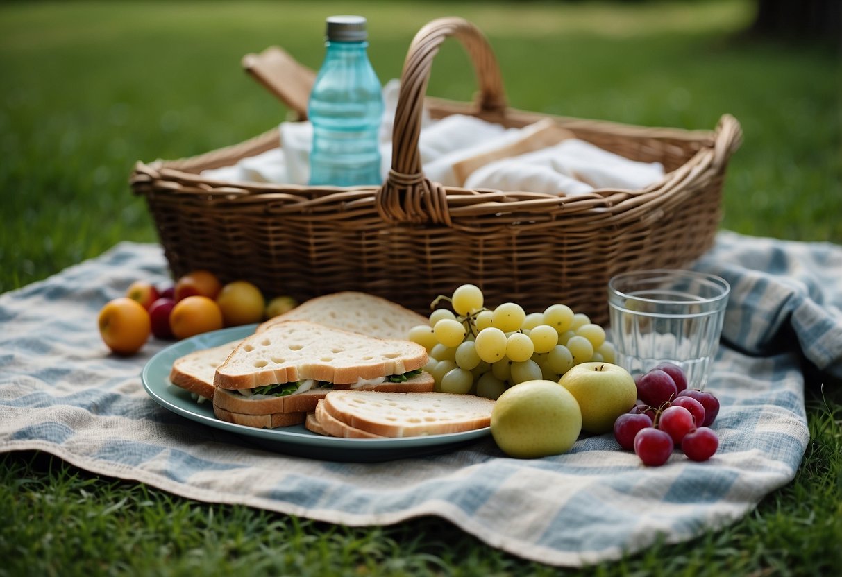 A picnic blanket spread out on green grass, with reusable plates and utensils, a cloth napkin, and a wicker basket filled with fresh fruits and sandwiches. A reusable water bottle and a container for leftovers complete the waste-free scene