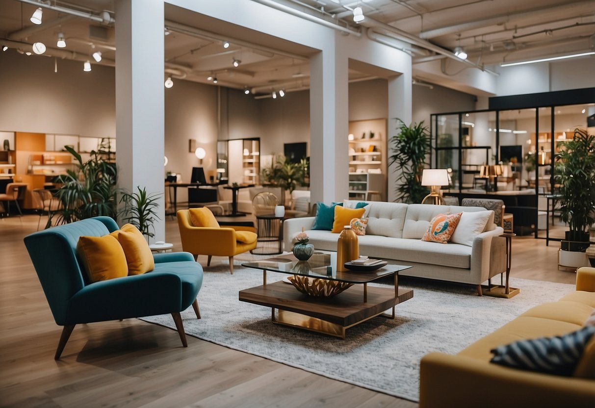 A spacious showroom with modern furniture displays and vibrant decor. Bright lighting and clean, organized aisles invite customers to browse and shop
