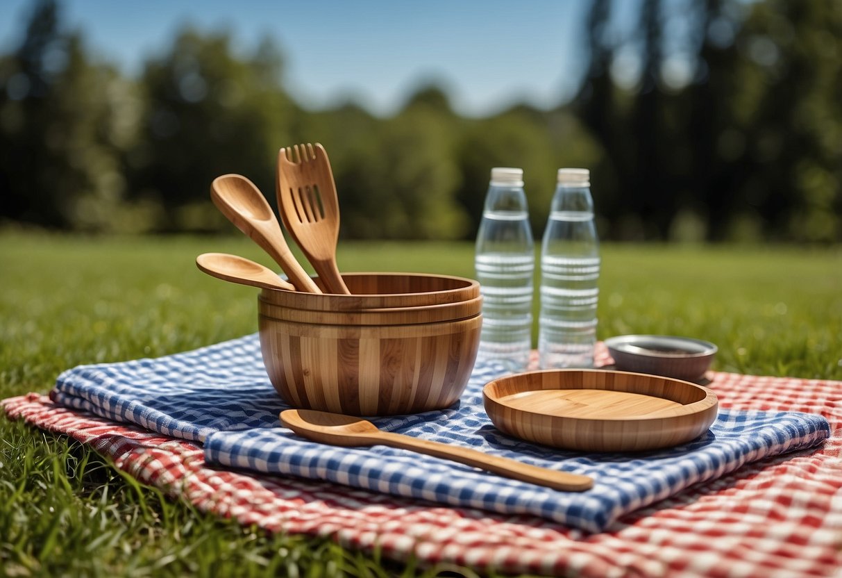 A bamboo utensil set laid out on a checkered picnic blanket with reusable containers and cloth napkins. Surrounding the scene are trees, grass, and a clear blue sky