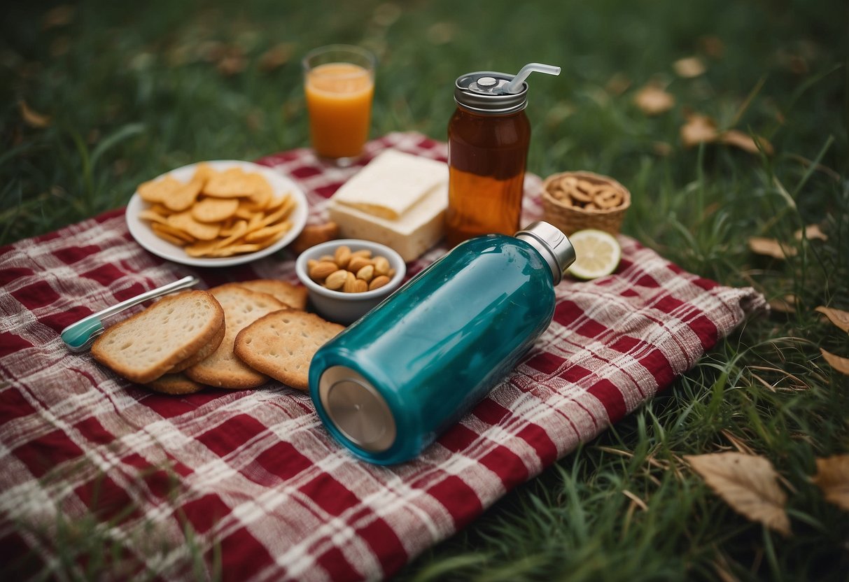 A picnic blanket with reusable stainless steel straws, a reusable water bottle, and a small container of snacks, surrounded by nature and minimal waste