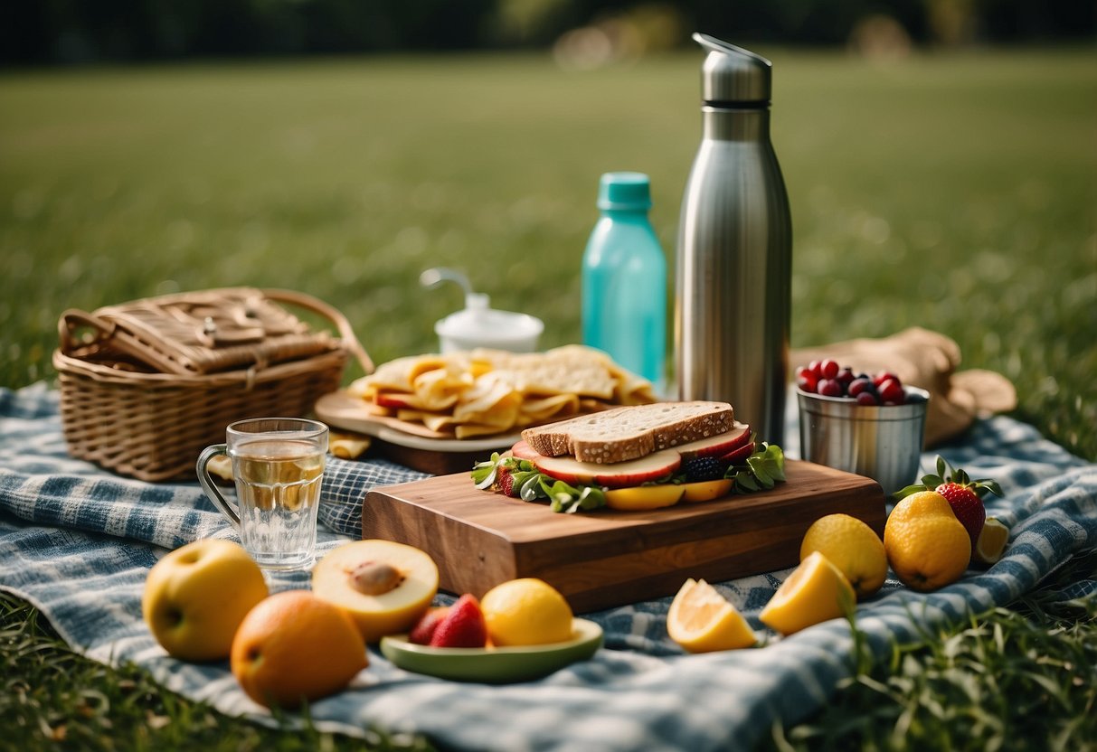 A picnic blanket spread out on lush green grass, adorned with beeswax wraps covering a variety of fresh fruits, sandwiches, and snacks. A reusable water bottle and metal utensils are neatly arranged nearby, with a small compost bin for any food scraps