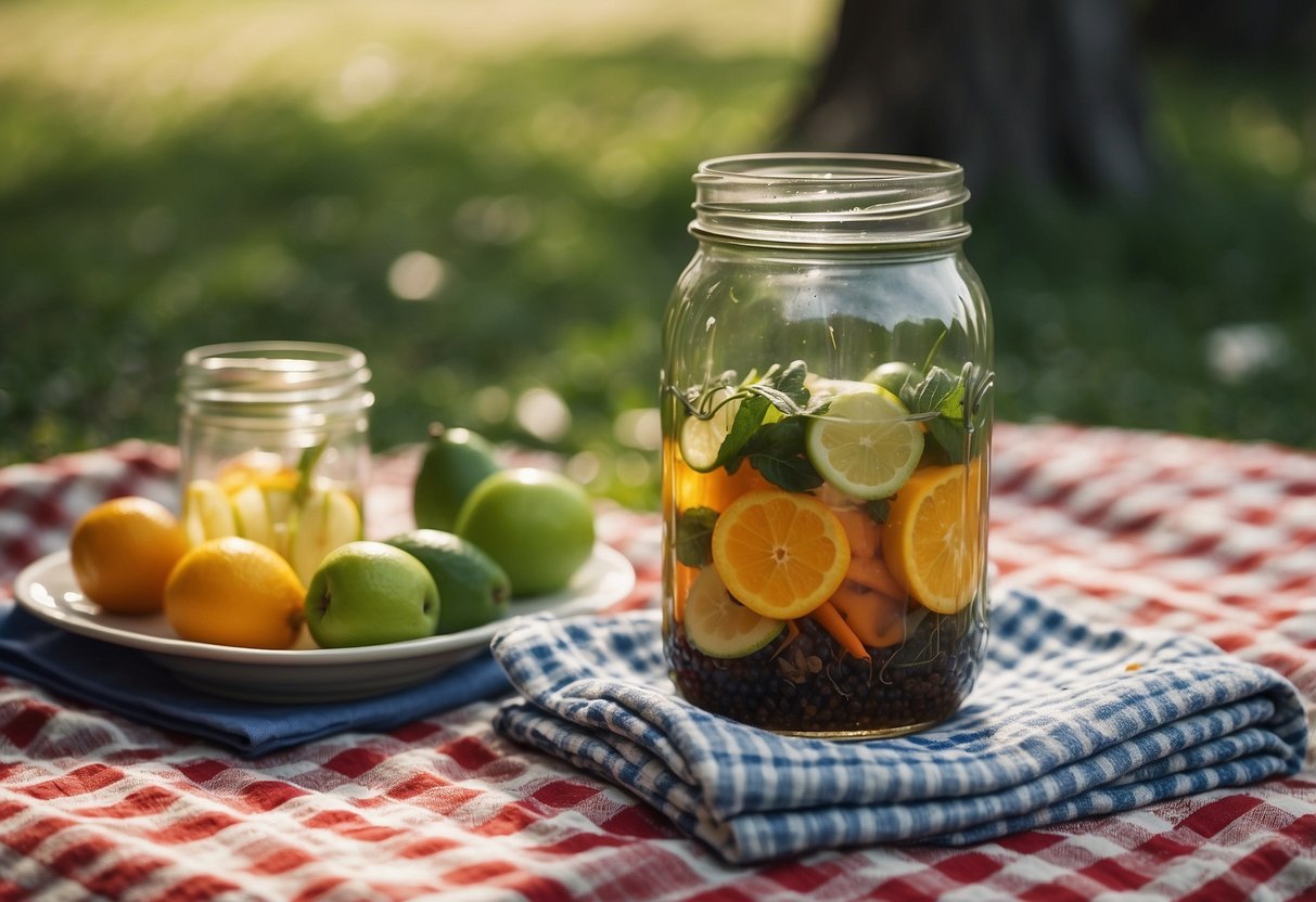 A picnic blanket with mason jars filled with drinks, reusable utensils, cloth napkins, and a small compost bin for minimal waste