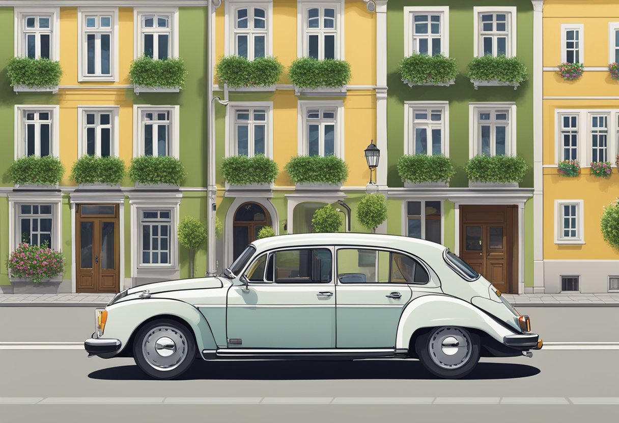 A car with the license plate "LWL" parked in a typical German street scene, surrounded by traditional buildings and lush greenery