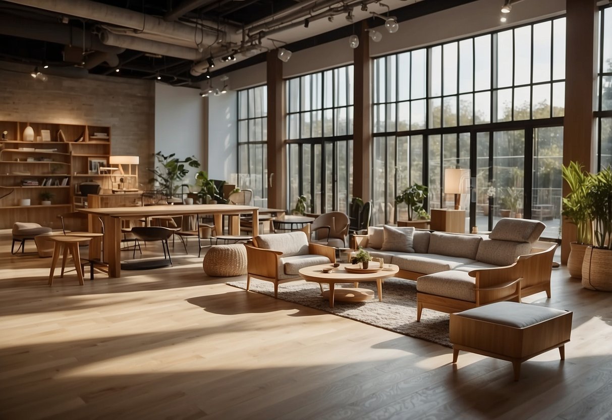 A spacious showroom displays various unfinished furniture pieces. Light streams in through large windows, illuminating the natural wood grains and textures